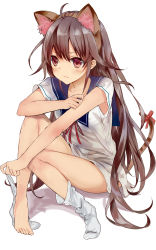 Rule 34 | 1girl, animal ears, bare arms, bare legs, barefoot, blush, bow, brown eyes, brown hair, cat ears, cat tail, dressing, feet, highres, long hair, nagata ozu, no shoes, original, pout, school uniform, serafuku, simple background, single sock, sitting, socks, solo, tail, tail bow, tail ornament, toes, very long hair