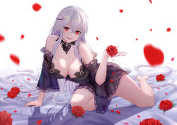 Rule 34 | 1girl, absurdres, azur lane, barefoot, black choker, black nightgown, breasts, choker, cleavage, flower, gangut (azur lane), gangut (keeper of the firewater) (azur lane), highres, holding, holding flower, jiantai, large breasts, long hair, looking at viewer, nightgown, no shoes, official alternate costume, open mouth, petals, red eyes, red flower, red rose, rose, rose petals, silver hair, sitting, smile, solo, thighs, white background
