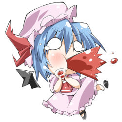 Rule 34 | 1girl, bat wings, bibi02, blue hair, blush, chibi, detached wings, female focus, full body, hat, mary janes, o o, remilia scarlet, shoes, short hair, simple background, single shoe, solo, spit take, spitting, tears, touhou, wings