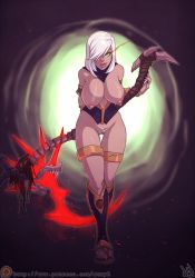 Rule 34 | 1girl, atryl, breasts, dark-skinned female, dark skin, female pubic hair, highres, nipples, pubic hair, pussy, revealing clothes, scythe, solo, uncensored, warcraft, white hair, yellow eyes