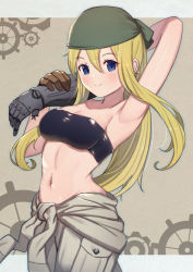 Rule 34 | 1girl, arm behind head, arm up, automail, bandeau, blonde hair, blue eyes, blush, breasts, brown background, cleavage, closed mouth, commentary request, crop top, ear piercing, fullmetal alchemist, glint, highres, jumpsuit, jumpsuit around waist, long hair, mechanical arms, medium breasts, navel, piercing, ponytail, sidelocks, single mechanical arm, smile, solo, strapless, tube top, uneg, winry rockbell