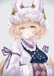 Rule 34 | 1girl, animal ears, blonde hair, blush, closed mouth, dress, fox ears, fox tail, grey background, hands in opposite sleeves, hat, highres, looking at viewer, mob cap, sarasadou dan, short hair, simple background, sleeves past fingers, sleeves past wrists, solo, tabard, tail, touhou, upper body, white dress, white hat, wide sleeves, yakumo ran, yellow eyes