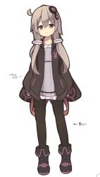 Rule 34 | 1girl, black footwear, black hoodie, black pantyhose, blush, boots, closed mouth, collarbone, commentary request, dress, full body, grey hair, hair ornament, head tilt, hood, hoodie, long hair, long sleeves, looking at viewer, natsuki teru, open clothes, open hoodie, pantyhose, puffy long sleeves, puffy sleeves, purple dress, short dress, simple background, sleeves past wrists, smile, solo, standing, translation request, very long hair, vocaloid, white background, yuzuki yukari