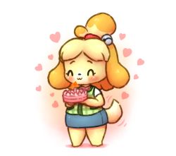 Rule 34 | 1girl, :3, animal crossing, animal ears, barefoot, bell, birthday, blonde hair, blue skirt, blush, cake, candle, closed eyes, closed mouth, dog ears, dog girl, dog tail, female focus, fire, flat chest, food, full body, furry, furry female, green vest, hair bell, hair ornament, hair tie, hands up, happy, heart, holding, isabelle (animal crossing), jingle bell, krocodilian, miniskirt, motion lines, neck ribbon, nintendo, pencil skirt, plaid, plaid vest, red ribbon, ribbon, shirt, short hair, short sleeves, simple background, skirt, smile, solo, standing, tail, tail wagging, topknot, vest, white background, white shirt