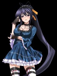 Rule 34 | 10s, 1girl, absurdly long hair, black hair, black hairband, blue dress, breasts, bridal gauntlets, choker, cleavage, collarbone, covered erect nipples, cowboy shot, cross, cross necklace, dress, hair between eyes, hair ribbon, hairband, hand in own hair, high school dxd, himejima akeno, jewelry, large breasts, lolita hairband, long hair, looking at viewer, necklace, orange ribbon, parted lips, ponytail, purple eyes, red ribbon, ribbon, solo, standing, striped clothes, striped thighhighs, thighhighs, transparent background, very long hair, zettai ryouiki