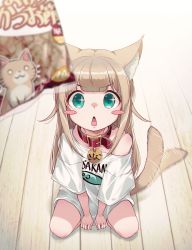 Rule 34 | + +, 1girl, 40hara, absurdres, afterimage, animal collar, animal ear fluff, animal ears, aqua eyes, blonde hair, blurry, blurry foreground, blush stickers, cat ears, cat girl, cat tail, collar, highres, kinako (40hara), long hair, looking at viewer, motion lines, open mouth, original, red collar, sitting, solo, sparkling eyes, star (symbol), star in eye, symbol in eye, tail, tail wagging, wariza, wooden floor