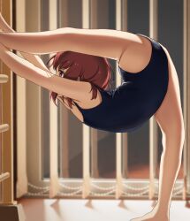 Rule 34 | 1girl, absurdres, ass, athletic leotard, bare legs, barefoot, blurry, blurry background, breasts, brown eyes, brown hair, contortion, contortiong, depth of field, flexible, highres, ladder, leotard, original, oversplit, short hair, small breasts, solo, split, standing, standing on one leg, standing split, stretching, thighs