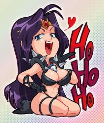 Rule 34 | 1girl, armor, black footwear, black gloves, blue eyes, breasts, chibi, circlet, dotted background, gloves, gradient background, hand on own hip, highres, jewelry, kneeling, kristen bailey, large breasts, laughing, long hair, naga the serpent, necklace, ojou-sama pose, open mouth, pauldrons, purple hair, revealing clothes, shoulder armor, simple background, skull necklace, slayers, spiked pauldrons, spikes, very long hair