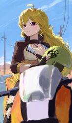 Rule 34 | 1girl, ahoge, blonde hair, blue sky, blurry, breasts, brown gloves, brown jacket, bumblebee (rwby), cleavage, clip studio paint (medium), closed mouth, collared jacket, day, depth of field, eyes visible through hair, film grain, fingerless gloves, fingernails, from below, gloves, helmet, high collar, highres, highway, holding, jacket, jewelry, large breasts, light blush, light smile, long hair, looking at viewer, making-of available, motor vehicle, motorcycle, motorcycle helmet, open clothes, open jacket, outdoors, pendant, purple eyes, rwby, ryoha kosako, sitting, sky, sleeves past elbows, solo, sunlight, video thumbnail, wavy hair, yang xiao long