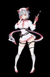 Rule 34 | 1girl, absurdres, animal ears, bad id, bad pixiv id, bandaid, belt, belt pouch, black background, black choker, blunt bangs, blush, breasts, check copyright, choker, cleavage, copyright request, gloves, grey hair, hand on own cheek, hand on own face, hat, heart, high heels, highres, holding, holding syringe, jianshu, large breasts, looking at viewer, multicolored hair, nurse cap, original, panties, pink footwear, pouch, red gloves, see-through, see-through shirt, short hair, simple background, standing, streaked hair, syringe, tail, thigh strap, thighhighs, underwear, white hair, white thighhighs, wristband