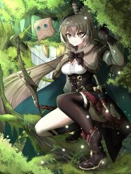 Rule 34 | 1girl, ahoge, ankle boots, asymmetrical legwear, belt, boots, bow (weapon), brown capelet, brown cloak, brown corset, brown eyes, brown hair, cape, capelet, cleavage cutout, cloak, clothing cutout, corset, dagger, feather hair ornament, feathers, fgsketch, forest, friend (nanashi mumei), gloves, hair ornament, hairclip, highres, hololive, hololive english, knee strap, kneehighs, knife, long hair, looking at viewer, multicolored hair, nanashi mumei, nature, partially fingerless gloves, plant, pleated skirt, ponytail, red skirt, ribbon, shirt, single kneehigh, single sock, single thighhigh, skirt, smile, socks, streaked hair, thigh strap, thighhighs, tree, very long hair, vines, virtual youtuber, water, waterfall, weapon, white shirt