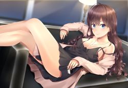 Rule 34 | 10s, 1girl, :3, areola slip, bare legs, bare shoulders, black dress, blue eyes, blush, bottle, breasts, brown hair, brown jacket, cleavage, closed mouth, collarbone, couch, crossed legs, curly hair, desk lamp, dress, highres, holding, holding bottle, ichinose shiki, idolmaster, idolmaster cinderella girls, indoors, jacket, jewelry, lamp, light, lips, long hair, long sleeves, looking at viewer, necklace, nishinomiya suzu, off shoulder, on couch, open clothes, open jacket, pendant, sleeveless, sleeveless dress, smile, solo, strap slip, tareme, unbuttoned, very long hair