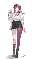 Rule 34 | 1girl, absurdres, artist name, black footwear, black shorts, cup, do2mi doreimi, eyewear on head, frilled sleeves, frills, high-waist shorts, highres, holding, holding cup, honkai: star rail, honkai (series), kafka (honkai: star rail), looking at viewer, open mouth, pantyhose, piercing, piercing through clothes, purple eyes, purple hair, purple pantyhose, shirt, shorts, simple background, solo, sunglasses, white background, white shirt