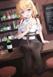 Rule 34 | 1girl, akie (44265104), alcohol, bad id, bad pixiv id, bar (place), bar stool, black skirt, blonde hair, blouse, blue eyes, blush, bottle, breasts, cocktail glass, collarbone, counter, cup, detached sleeves, detective, drinking glass, hair ornament, hairpin, highres, holding, holding cup, hololive, hololive english, jewelry, looking at viewer, medium breasts, menu board, necklace, no shoes, off shoulder, open mouth, pantyhose, shadow, shelf, shirt, short hair, sitting, skirt, smile, solo, stool, virtual youtuber, watson amelia, watson amelia (street casual), white shirt, zipper