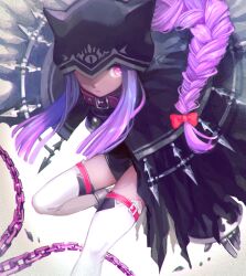 Rule 34 | 1girl, animal collar, black cape, black hat, black leotard, bow, braid, cape, chain, closed mouth, collar, fate/grand order, fate (series), fon-due (fonfon), hat, hat over one eye, leotard, long sleeves, looking at viewer, medusa (fate), medusa (lancer) (fate), pink eyes, purple hair, red bow, rider, solo, thighhighs, white background, white thighhighs