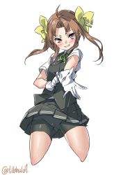 Rule 34 | 10s, 1girl, adjusting clothes, adjusting gloves, ahoge, bad id, bad twitter id, bike shorts, black skirt, black vest, blush, bow, brown hair, collared shirt, cowboy shot, cropped legs, ebifurya, gloves, gluteal fold, green ribbon, hair bow, highres, inactive account, kagerou (kancolle), kantai collection, long hair, looking at viewer, neck ribbon, open mouth, outstretched hand, panties, panties under bike shorts, pleated skirt, purple eyes, ribbon, shirt, short sleeves, shorts, shorts under skirt, sidelocks, simple background, skirt, sleeveless, smile, solo, twintails, twitter username, underwear, vest, white background, white gloves, white shirt, yellow bow