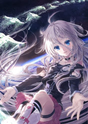Rule 34 | 1girl, asymmetrical legwear, black thighhighs, blue eyes, collar, collarbone, highres, ia (vocaloid), jewelry, long hair, looking at viewer, pink skirt, ring, silver hair, skirt, sky, solo, space, star (sky), starry sky, susie 481, thighhighs, uneven legwear, vocaloid