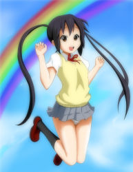 Rule 34 | 1girl, bad id, bad pixiv id, black hair, brown eyes, jumping, k-on!, long hair, mobi, nakano azusa, neck ribbon, open mouth, panties, red ribbon, ribbon, round teeth, school uniform, solo, striped clothes, striped panties, teeth, twintails, underwear