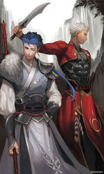 Rule 34 | 2boys, adapted costume, alternate costume, archer (fate), arm at side, arm up, armor, artist name, belt, blue hair, breastplate, cliff, command spell, commentary request, cu chulainn (fate), dark skin, dark-skinned male, earrings, embellished costume, fate/stay night, fate (series), feathers, frown, fur trim, gae bolg (fate), grey hair, hand on own hip, highres, holding, holding spear, holding sword, holding weapon, jakojakojako, jewelry, kanshou &amp; bakuya (fate), cu chulainn (fate/stay night), long hair, manly, multiple boys, one eye closed, polearm, ponytail, profile, puffy sleeves, red eyes, shoulder armor, smirk, pauldrons, spear, spiked hair, standing, sword, tassel, vambraces, waist cape, weapon