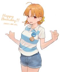Rule 34 | 1girl, absurdres, ahoge, bad id, bad pixiv id, bare arms, belt, birthday, blue shirt, bow, braid, collarbone, collared shirt, commentary request, cowboy shot, dated, denim, denim shorts, english text, hair bow, hands up, happy birthday, highres, irenji, looking at viewer, love live!, love live! sunshine!!, lower teeth only, medium hair, open mouth, orange hair, red eyes, shirt, short sleeves, shorts, side braid, simple background, solo, striped clothes, striped shirt, takami chika, teeth, white background, white shirt, yellow bow