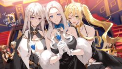Rule 34 | 6+girls, alcohol, amazuki jou, armlet, azur lane, backless dress, backless outfit, bare shoulders, belfast (azur lane), belfast (the noble attendant) (azur lane), belt, black shorts, blonde hair, blue eyes, blue scarf, blurry, blurry background, breasts, brown hair, center opening, champagne, champagne flute, cleavage, cleavage cutout, clothing cutout, cocktail dress, crown, cup, dark-skinned female, dark skin, dress, dress straps, drinking glass, enterprise (azur lane), enterprise (heroic finery) (azur lane), evening gown, facial mark, feather hair ornament, feathers, forehead mark, fur shawl, gloves, green eyes, hair ornament, halter dress, halterneck, high ponytail, highres, hornet (azur lane), hornet (bubbly anniversary!) (azur lane), indoors, jean bart (azur lane), jean bart (uninhibited bloodstone) (azur lane), jewelry, large breasts, long dress, long hair, looking at viewer, massachusetts (azur lane), massachusetts (dressed to impress) (azur lane), mini crown, multiple belts, multiple girls, necklace, official alternate costume, open mouth, painting (object), purple eyes, queen elizabeth (azur lane), queen elizabeth (the queen&#039;s ball) (azur lane), red eyes, scarf, shawl, short shorts, shorts, sleeveless, sleeveless dress, smile, stairs, standing, translation request, twintails, white dress, white gloves, white hair, yellow scarf, yorktown (azur lane), yorktown (evening i can&#039;t remember) (azur lane)