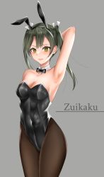 Rule 34 | 1girl, alternate costume, animal ears, armpits, black bow, black bowtie, black leotard, bow, bowtie, breasts, character name, cleavage, cowboy shot, dark green hair, detached collar, green eyes, grey background, highres, iori noma, kantai collection, leotard, long hair, looking at viewer, pantyhose, playboy bunny, rabbit ears, small breasts, solo, standing, strapless, strapless leotard, twintails, wrist cuffs, zuikaku (kancolle)