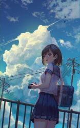 Rule 34 | 1girl, :d, absurdres, aircraft, airplane, backlighting, bag, blouse, blue sailor collar, blue skirt, blue sky, breasts, brown eyes, brown hair, cable, camera, chromatic aberration, cloud, cloudy sky, contrail, cowboy shot, day, fingernails, from below, highres, holding, holding camera, jet, looking at viewer, looking back, medium breasts, medium hair, open mouth, original, outdoors, pleated skirt, power lines, railing, sailor collar, school bag, school uniform, serafuku, shirt, short hair, short sleeves, shoulder bag, skirt, sky, smile, solo, standing, ttutto, white shirt