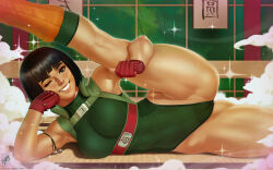 Rule 34 | 1girl, ass, bare shoulders, bell, black eyes, black hair, blunt bangs, breasts, cameltoe, fingerless gloves, genderswap, genderswap (mtf), gloves, gluteal fold, green leotard, grin, highres, large breasts, leg up, leotard, looking at viewer, lying, might guy, naruto (series), naruto shippuuden, on side, one eye closed, red gloves, shiny skin, short hair, signature, smile, solo, spread legs, teeth, themaestronoob, translation request