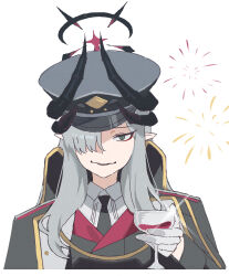 Rule 34 | 1girl, asymmetrical bangs, black coat, black jacket, black necktie, blanchat, blue archive, coat, coat on shoulders, collared shirt, cup, drinking glass, fireworks, glint, gloves, green eyes, grey hair, grey hat, hair over one eye, halo, hat, highres, holding, holding cup, horns, jacket, long hair, long sleeves, looking at viewer, makoto (blue archive), necktie, parted lips, peaked cap, pointy ears, shirt, sidelocks, slit pupils, solo, toasting (gesture), upper body, white background, white gloves, white shirt, wine glass