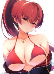 Rule 34 | 1girl, anchor, arrow through heart, bikini, blush, breasts, cleavage, closed mouth, earrings, fang, floating hair, gold trim, halterneck, heart, heart earrings, heart necklace, heterochromia, highres, hololive, houshou marine, houshou marine (summer), jacket, jewelry, large breasts, lips, long hair, looking at viewer, masaoka misaki, necklace, off shoulder, plaid, ponytail, red bikini, red eyes, red hair, smile, solo, sparkle, swimsuit, untied bikini, upper body, virtual youtuber, water drop, wet, yellow eyes, zipper