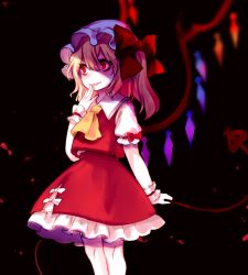 Rule 34 | 1girl, ascot, black background, blonde hair, blurry, crystal, fang, flandre scarlet, hat, hat ribbon, laevatein, looking away, mob cap, open mouth, petticoat, puffy sleeves, red eyes, ribbon, shirt, short hair, short sleeves, side ponytail, skirt, skirt set, smile, solo, tis (shan0x0shan), touhou, vest, wings, wrist cuffs