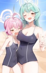 Rule 34 | 2girls, absurdres, abydos high school swimsuit, ahoge, bare arms, bare legs, bare shoulders, black one-piece swimsuit, blue archive, blush, breasts, cleavage, covered navel, day, desert, fang, green hair, hair between eyes, halo, highres, hoshino (blue archive), hoshino (young) (blue archive), huge ahoge, large breasts, long hair, multiple girls, nonoa, one-piece swimsuit, open mouth, outdoors, pink hair, pink halo, school swimsuit, short hair, small breasts, smile, swimsuit, v, yellow eyes, yellow halo, yume (blue archive)