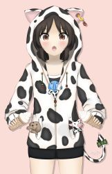 Rule 34 | 1girl, absurdres, animal ears, animal hood, artist name, black hair, black shirt, blush, bottomless, bow on tail, brown hair, child, chinese zodiac, collarbone, dog, elephant, fake animal ears, fake tail, female focus, food, fruit, highres, holding, holding food, hood, hoodie, ice cream, idolmaster, idolmaster cinderella girls, legs, long hair, long image, looking at viewer, namco, neck, open mouth, ox ears, pink background, shirt, shirt under jacket, simple background, standing, strawberry, stuffed toy, surprised, tachibana arisu, tail, tall image, thighs, tongue, tongue out, year of the ox, zipper