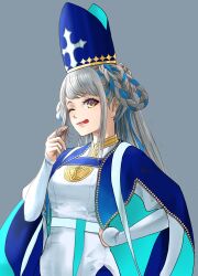 Rule 34 | 1girl, :p, blue cape, blue capelet, blue hat, braided hair rings, cape, capelet, cross, cross earrings, dress, earrings, fate/grand order, fate (series), hair rings, hand on own hip, hat, highres, jewelry, long hair, looking at viewer, mitre, numataromomon, playing with own hair, pope joan (fate), side cape, simple background, solo, tongue, tongue out, tunic, twirling hair, white dress
