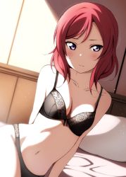 Rule 34 | 1girl, arm behind back, bare shoulders, black bra, black panties, bra, breasts, closed mouth, collarbone, commentary, day, highres, indoors, looking at viewer, love live!, love live! school idol project, medium hair, navel, nishikino maki, on bed, panties, pillow, purple eyes, red hair, reno 0901, shadow, solo, sunlight, swept bangs, underwear, underwear only