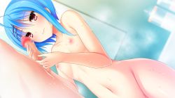 Rule 34 | 1boy, 1girl, ahoge, bathroom, blue hair, breasts, brown eyes, censored, closed mouth, collarbone, completely nude, dutch angle, game cg, groin, hair between eyes, highres, hoshi ori yume mirai, koizumi amane, mixed-sex bathing, mosaic censoring, navel, nipples, nude, official art, ousaka sora, penis, shared bathing, short hair, small breasts, smile, solo focus