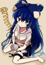 Rule 34 | 1girl, bangle, barefoot, beige hoodie, blue bow, blue eyes, blue hair, blue skirt, bow, bowl, bracelet, commentary request, debt, english text, hair bow, highres, hungry, ikusu (ikustasy), jewelry, long hair, looking at viewer, miniskirt, ofuda, ofuda on clothes, one-hour drawing challenge, short sleeves, sitting, skirt, solo, stuffed animal, stuffed cat, stuffed toy, touhou, yokozuwari, yorigami shion
