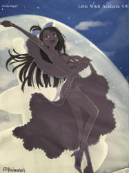 Rule 34 | 10s, 1girl, bare shoulders, bow, brown hair, dress, frilled dress, frills, hair bow, high heels, kagari atsuko, legs, little witch academia, long hair, red eyes, smile, solo