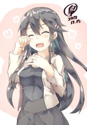 Rule 34 | 1girl, :d, ^ ^, alternate costume, black hair, black shirt, black skirt, blush, breasts, casual, closed eyes, commentary request, dated, glint, hair between eyes, hair ornament, hairclip, hands up, haruna (kancolle), heart, highres, jacket, jewelry, kantai collection, large breasts, long hair, long sleeves, open clothes, open jacket, open mouth, ourah ikuzus, ring, rubbing eyes, shirt, shirt tucked in, sidelocks, signature, skirt, smile, solo, tears, upper body, wedding band, white jacket