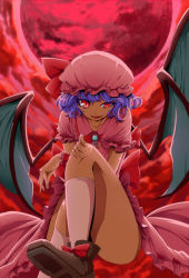 Rule 34 | 1girl, bad id, bad pixiv id, female focus, hat, horumon, mob cap, peptide, red eyes, red theme, remilia scarlet, solo, touhou, wings