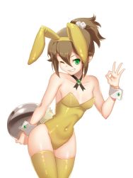 Rule 34 | 1girl, animal ears, brown hair, detached collar, esaka, fake animal ears, green eyes, jewelry, leotard, long hair, necklace, octopath traveler, octopath traveler i, one eye closed, playboy bunny, rabbit ears, rabbit tail, short hair, simple background, smile, solo, strapless, strapless leotard, tail, thighhighs, tressa (octopath traveler), wrist cuffs