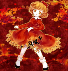 Rule 34 | 1girl, aki shizuha, blonde hair, dress, english text, female focus, full body, hair ornament, iris anemone, leaf, leaf hair ornament, leaf on head, long sleeves, looking at viewer, object on head, open mouth, red dress, shoes, short hair, skirt hold, socks, solo, standing, touhou, yellow eyes