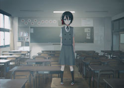 Rule 34 | 1girl, arms at sides, black hair, black ribbon, black socks, blue eyes, book, bow, ceiling light, chair, chalkboard, chihuri, classroom, closed mouth, collared shirt, commentary request, curtains, day, desk, door, dress shirt, grey skirt, grey vest, hair between eyes, hair bow, hoshi meiko (chihuri), kneehighs, loafers, neck ribbon, on desk, original, red bow, ribbon, school chair, school desk, shirt, shoes, short hair, short sleeves, skirt, socks, solo, standing, standing on desk, sunlight, translation request, vest, white footwear, white shirt, window, wooden floor