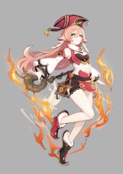 Rule 34 | 1girl, absurdres, aqua eyes, bare legs, bare shoulders, black shorts, boots, breasts, cleavage, closed mouth, detached sleeves, fire, fur-trimmed footwear, fur trim, genshin impact, grey background, hat, highres, horns, long hair, long sleeves, looking at viewer, medium breasts, midriff, navel, pink hair, puffy long sleeves, puffy sleeves, red hat, shiliuyexiaohei, shorts, simple background, smile, solo, two-tone footwear, vision (genshin impact), yanfei (genshin impact)