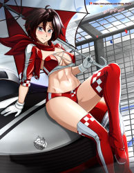 Rule 34 | 1girl, abs, absurdres, bikini, boots, breasts, brown hair, car, cleavage, gloves, grey eyes, highres, jacket, looking at viewer, medium breasts, motor vehicle, navel, race queen, red bikini, red footwear, red hair, ruby rose, rwby, scarf, short hair, sitting, smile, solo, strapless, strapless bikini, swimsuit, thigh boots, thighhighs, vilde loh hocen, white gloves