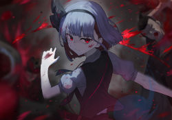 Rule 34 | 1girl, 38 (sanjuuhachi), absurdres, black hairband, black neckwear, black skirt, black vest, blood, blood on face, blood on hands, closed mouth, hairband, hand up, highres, konpaku youmu, light, looking to the side, puffy short sleeves, puffy sleeves, red eyes, shadow, shirt, short sleeves, silver hair, skirt, solo, touhou, vest, white shirt
