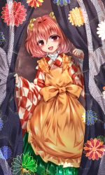 Rule 34 | 1girl, apron, bell, checkered clothes, checkered kimono, curtain grab, curtains, floral print, green skirt, hair bell, hair between eyes, hair ornament, head tilt, highres, japanese clothes, jingle bell, kimono, long sleeves, looking at viewer, motoori kosuzu, nomayo, open mouth, red eyes, red hair, skirt, smile, solo, standing, tareme, touhou, wide sleeves