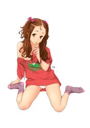 Rule 34 | 1girl, bracelet, brown hair, candy, commentary request, flat chest, food, full body, highres, holding own foot, jewelry, key (kagibangou), lollipop, long hair, looking at viewer, nipples, no bra, no shoes, off shoulder, original, panties, simple background, sitting, socks, solo, striped clothes, striped socks, two side up, underwear, wariza, white background, white panties