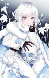 Rule 34 | 1girl, absurdres, akershus fortress (oshiro project), bad id, bad pixiv id, black gloves, blue eyes, flower, fur trim, gloves, highres, looking at viewer, oshiro project:re, sakura mochiko, short hair, skull, solo, white hair
