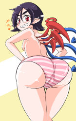Rule 34 | 1girl, ass, asymmetrical wings, back, black hair, blush, breasts, from behind, grin, houjuu nue, huge ass, looking at viewer, looking down, panties, pointy ears, red eyes, shiny clothes, shiny skin, short hair, simple background, smile, solo, striped background, striped clothes, striped panties, topless, touhou, underwear, wings